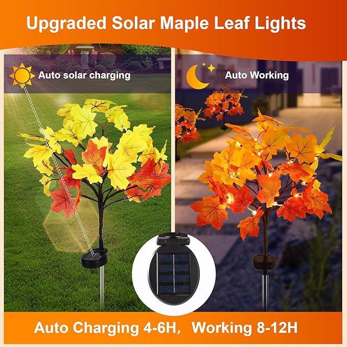 2Pack Fall Solar Lights Outdoor Decorative, Waterproof 40Led Orange Fall Lights with 80 Maple Leaves Path Lights, Solar Lights for Fall Autumn Patio Garden Halloween Thanksgiving Decorations