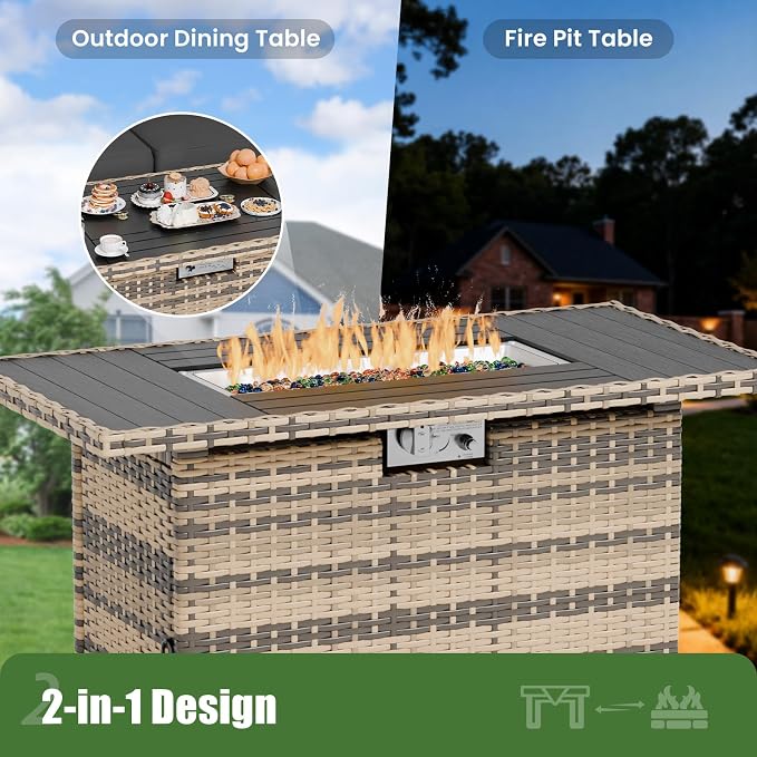 Amopatio 5 Piece Patio Furniture Set with 8" Armrest & 44" Fire Pit Table, Outdoor Wicker Rattan Sectional Sofa Conversation Set for Backyard, Garden, Poolside(Grey Cushion)