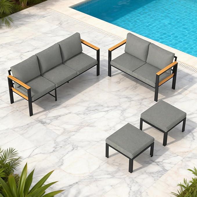 HOMREST Aluminum Patio Furniture Set, 7 Seat Oversized Outdoor Sectional with Washable Thick Cushions, Patio Conversation Set with Special Wide Armrest and Deep Seat, Gray