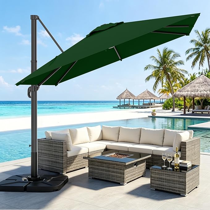 AreShark 9 × 9FT Square Cantilever Patio Umbrella with Base Included, 360° Rotation Offset Outdoor Umbrella, 5 Tilt Settings Heavy Duty Hanging Parasol for Deck Garden Pool, Dark Green