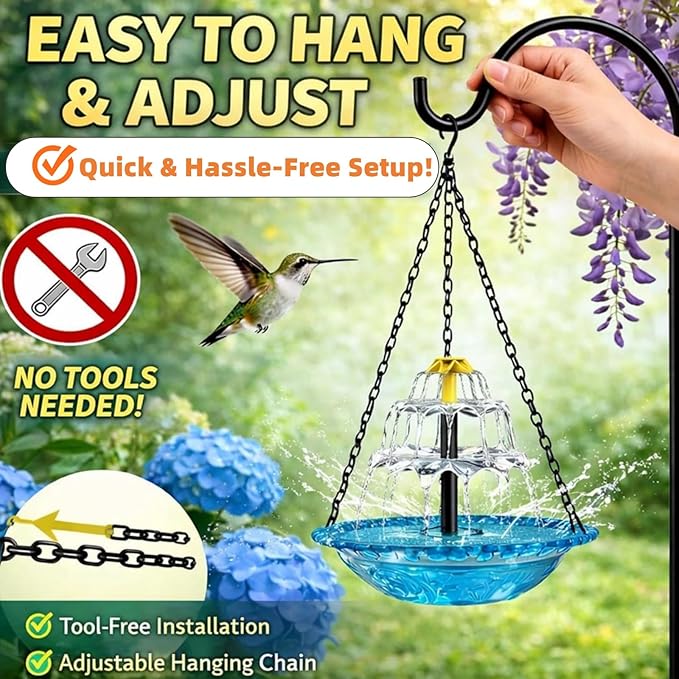 UZTK-2026 Solar Cascade Hanging Bird Bath Fountain, Solar Powered Outdoor Water Fountain for Hummingbirds, Decorative Bird Bath Shower Bowl Kit for Garden Yard Patio Backyard (Gray Double Layer)