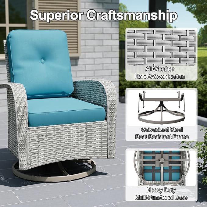 15-Piece Outdoor Patio Furniture Set, Modular Sectional Sofa Set with Swivel Rocker Chairs, Wicker Outdoor Couch Conversation Sets w/Coffee Table and Cushions, Turquoise