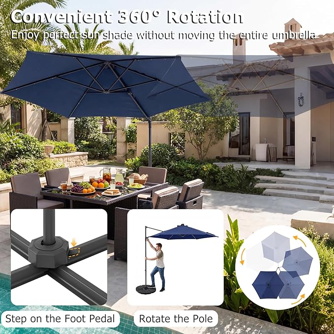 Tangkula 10ft Patio Umbrella with Solar Lights, Offset Cantilever Outdoor Umbrella with LED Lights, 360 Degree Rotation, Air Vent for Pool Deck Garden Backyard (Navy)