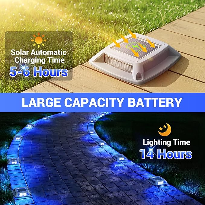 Solar Driveway Lights Outdoor 6 Pack, IP68 Waterproof Solar Powered Driveway Marker Deck Dock Lights for Steps Pathway Walkway Sidewalk Garden Yard Stair Marine (Blue)
