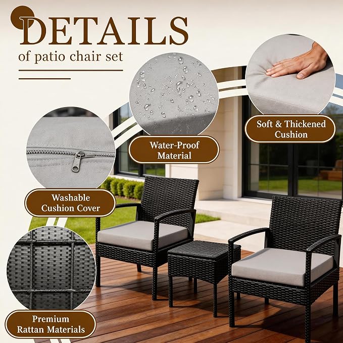 PROHIKER 3 PCS Patio Rattan Conversation Bistro Chairs Set, Outdoor Patio Furniture Wicker Bistro Set with Coffee Table for Garden Porch Balcony Yard Lawn, Gray