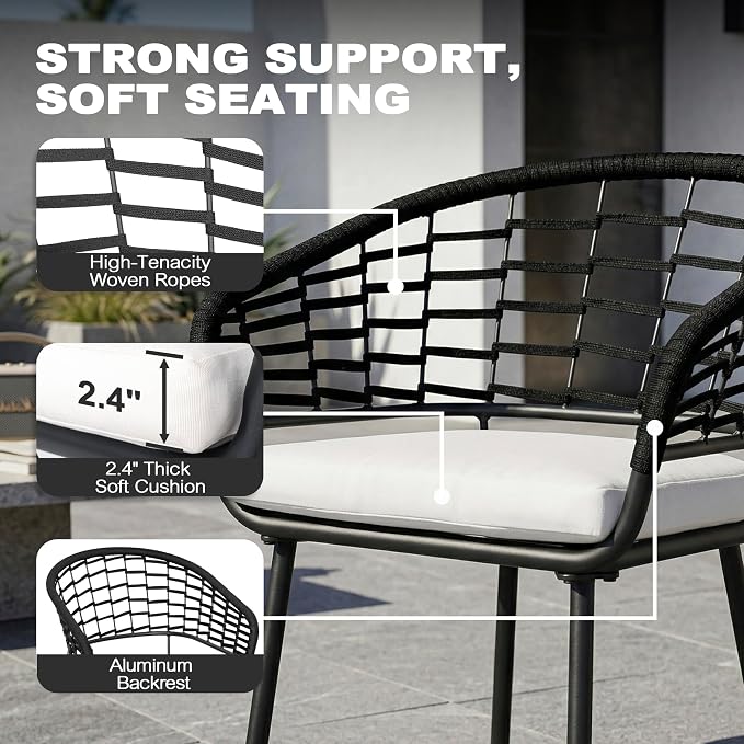 NUU GARDEN 7-Piece Patio Dining Set, Patio Table and Chairs Set Includes Rectangular Patio Table with Umbrella Hole, 6 Woven Rope Chairs with Beige Cushions, Outdoor Furniture Set, Blac