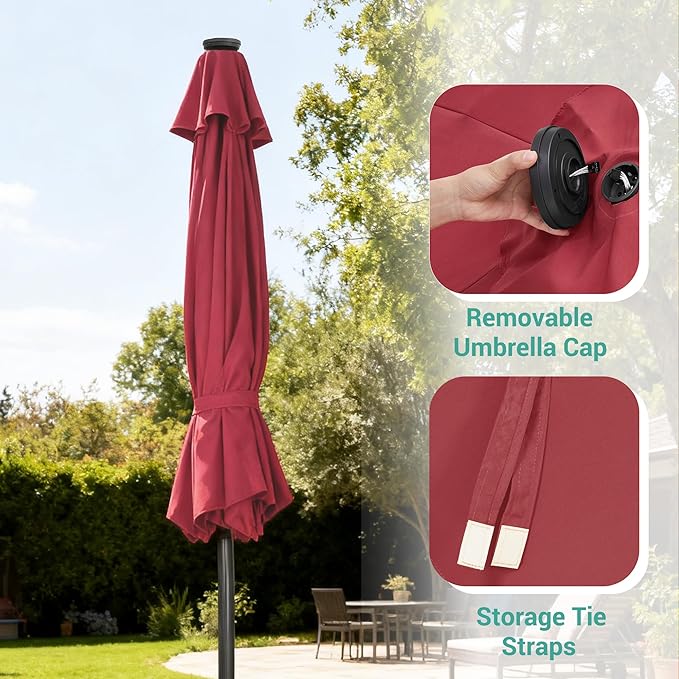 9ft Patio Umbrella Outdoor with Solar Lights,32 LED Lighted Table Market Umbrella with Tilt and Crank, 2-Year-Non-Fading, 8 Sturdy Ribs,for Pool, Deck, Garden,Backyard