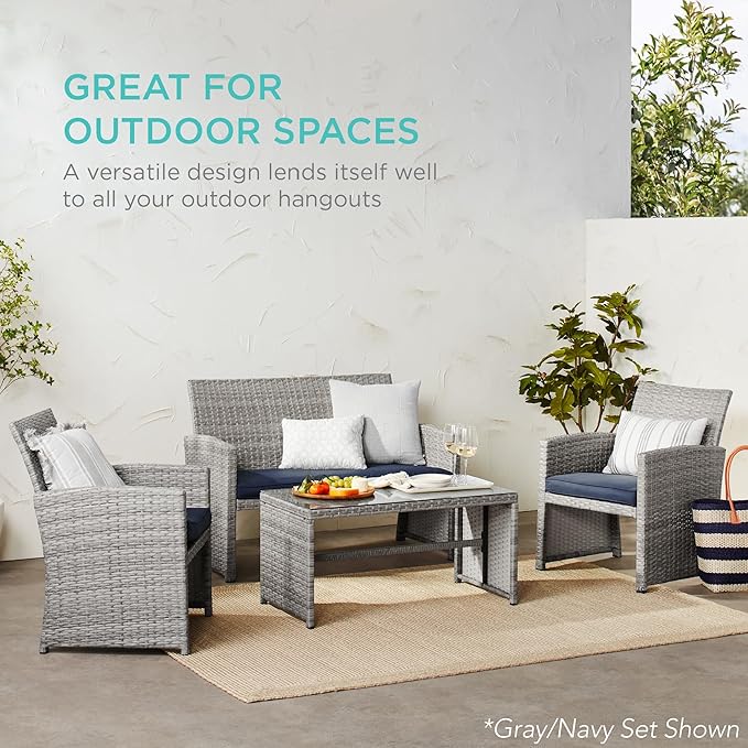 Best Choice Products 4-Piece Outdoor Wicker Patio Conversation Furniture Set for Backyard w/Coffee Table, Seat Cushions - Taupe/Desert