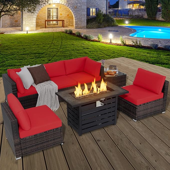 Tangkula 7-Piece Outdoor Patio Furniture Set with 42" Propane Fire Pit Table, Outdoor Wicker Conversation Set with Cushions and Tempered Glass Coffee Table, 50,000 BTU Gas Fire Pit Table (Red)