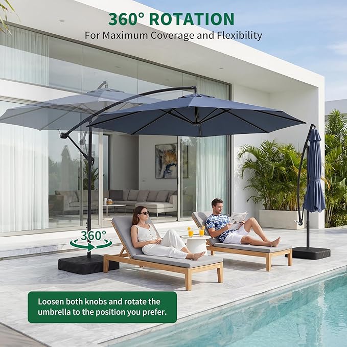 10FT Patio Umbrella with Base, Outdoor Umbrella Pool Umbrella Cantilever Umbrells - UV Protection, Easy Tilt & 360° Rotation for Poolside, Backyard & Garden