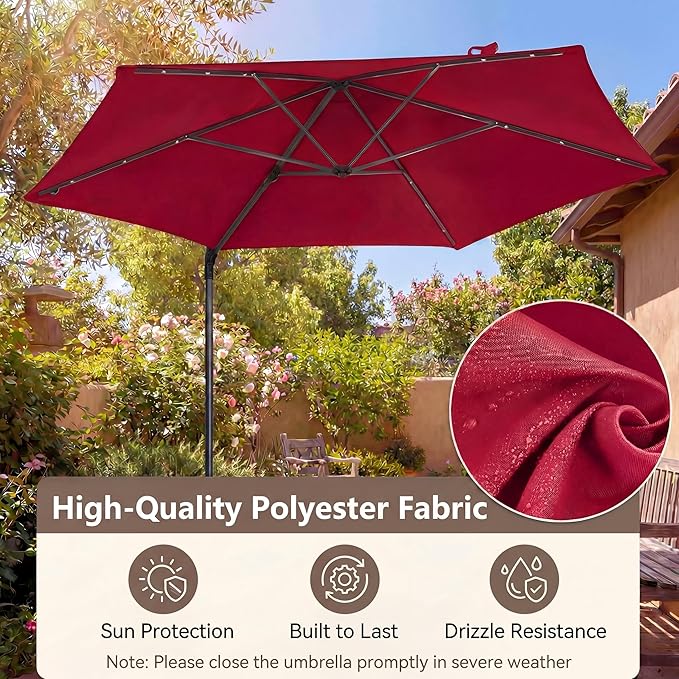 HAPPYGRILL 10 FT Patio Umbrella with Solar Lights, Outdoor Offset Cantilever Umbrella with White LED Lights, 360 Degree Rotation, Air Vent for Pool Deck Garden Backyard