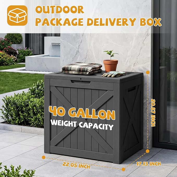 40-Gallon Outdoor Storage Box, Waterproof Deck Box for Patio Cushions, Garden Tools, Pool Accessories, Lockable Outside Storage Bin for Backyard & Deck (Black)