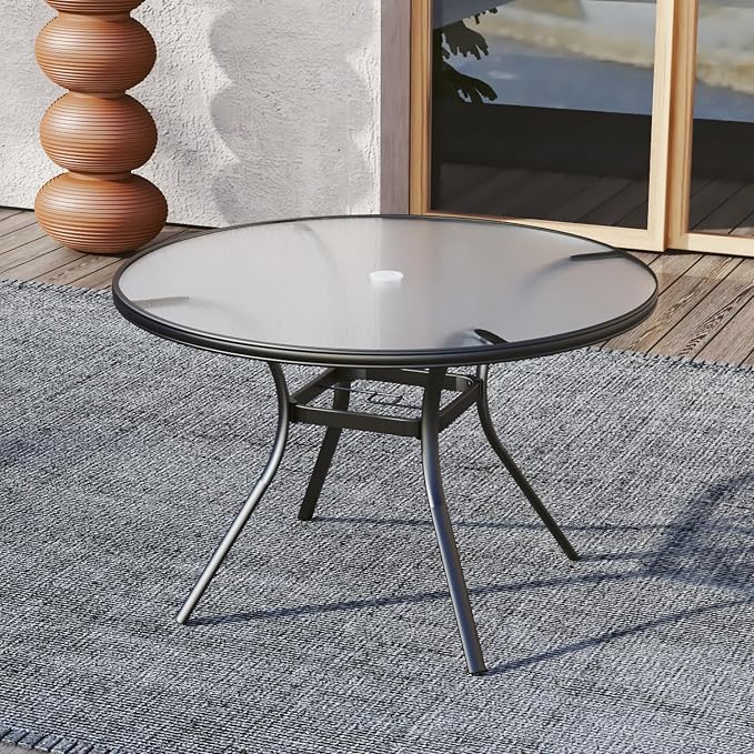 4 Person 40" Glass Outdoor Patio Round Dining Table with Black Metal Frame | Glass Table Top, Black Metal Frame, All Weather, Rust Free, 4 Person Use