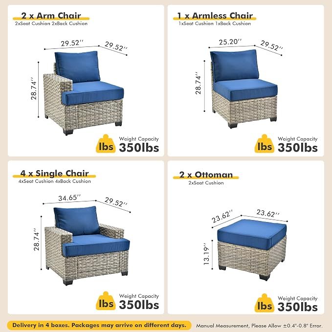 9 Pcs Outdoor Sectional Patio Furniture Set with Ottomans - All Weather Wicker Modular Outside Sectional Couch,Patio Seating Outdoor Conversation Sets for Deck Yard Garden,Navy Blue