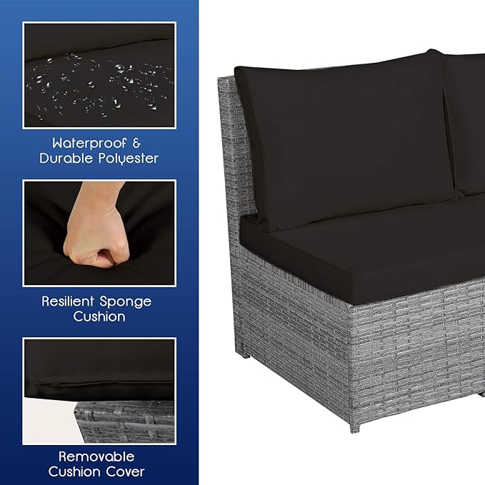 RELAX4LIFE 7 PCS Wicker Patio Furniture Set, Outdoor Rattan Sofa Set with Dining Table & Ottomans Soft Cushions for Backyard Garden Poolside Balcony, Sectional Conversation Couch Set (Black)