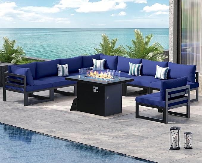 NICESOUL 9 Piece Oversized Modern Aluminum Outdoor Patio Furniture Set with Fire Pit Table, 29" Wide Deep Seat, Fade Resistant Comfy Sectional Sofa, 500 lbs Sturdy Backyard Conversation Set, Navy Blue