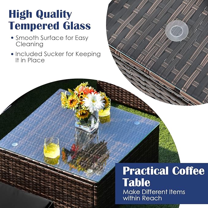 RELAX4LIFE 8-Piece Patio Furniture Set - Rattan Wicker Sectional Sofa Set w/Cushions, 32’’ Outdoor Gas Propane Fire Pit Table & Tank Holder, 40000 BTU Heat Output, PVC Cover for Firepit (Black)