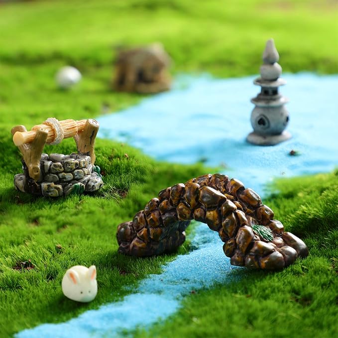 Jetec 12 Pcs Mini Fairy Garden Accessories Miniature Tiny Stone Bridge Mini Pond Lighthouse Water Well Waterwheel Figurines Resin Ornaments for DIY Craft, Lawn Pond Decor