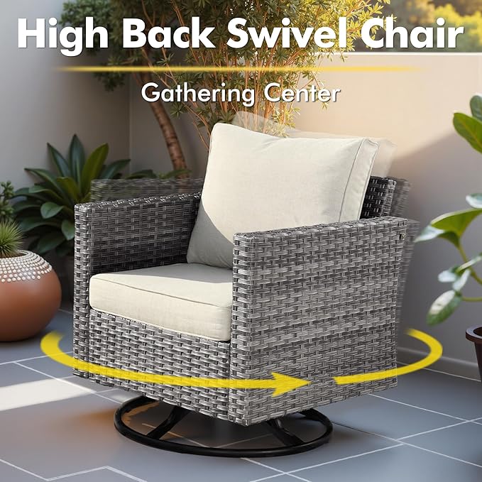 11 Piece Outdoor Patio Furniture Set with 46" Fire Pit Table, Wicker Sectional Conversation Set Whit Swivel Chairs,Modern Outside Sofa for Balcony Backyard(Beige)