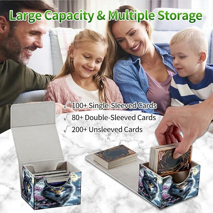 Card Deck Box for MTG, Cards Storage Box Fits 120+ Sleeved, Leather Small Size Strong Magnetic Closing Card Case for Board Games Magic TCG CCG Baseball Collection, Cherry Blossom Gray Wolf