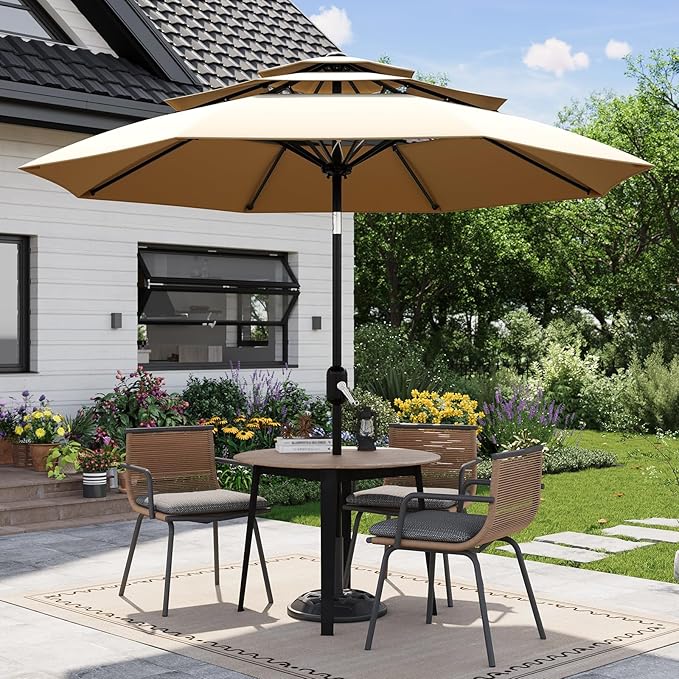Garvee 10Ft 3-Tier Patio Umbrella, Outdoor Table Umbrella with Vents, Easy Crank and Push Button Tilt, Market Umbrella with 8 Sturdy Ribs for Pool, Deck, Yard, Garden -Tan