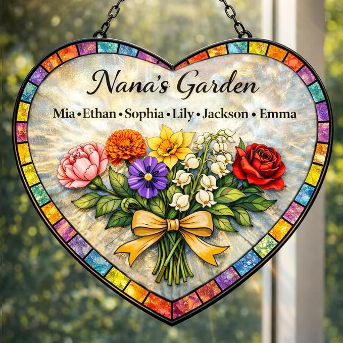 Personalized Mother’s Day Suncatcher Heart Shape – Custom Birth Flower Suncatcher for Mom Grandma – Stained Glass Style Personalized Gift with Kids Names for Mom Nana Grandma