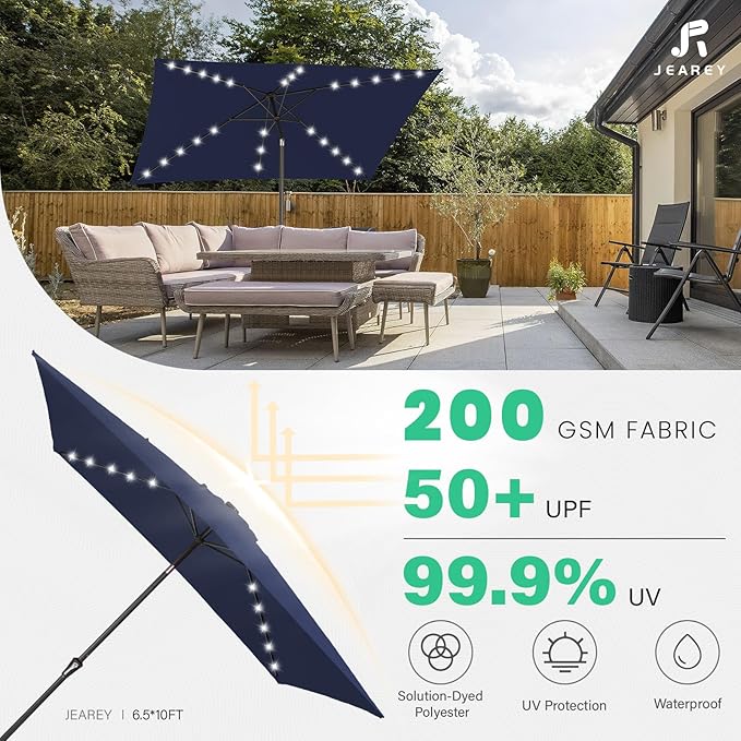 JEAREY 6.5x10 ft Rectangular LED Lighted Patio Umbrellas Outdoor Solar Table Market Umbrella w/Push Button Tilt/Crank, 6 Sturdy Ribs, UV Protection Waterproof Sunproof(Dark Blue)