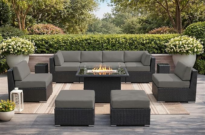 Fully Assembled 11 Piece Aluminum Wicker Outdoor Patio Furniture with Sunbrella Taupe Water Proof 6-inch Rainshield Cushions, Oversized Seats and 42-inch Fire Table