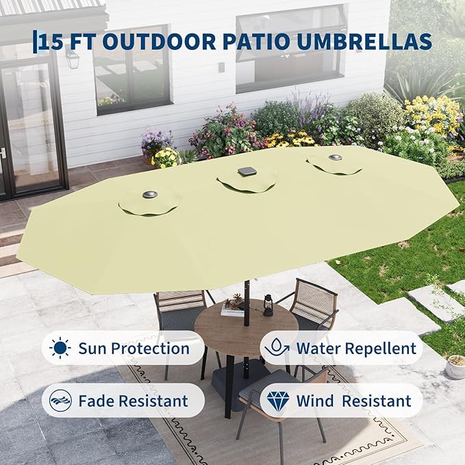 Garvee 15FTt Rectangular Patio Umbrella with Solar Lights & Base Included - Large Patio Umbrella with Crank Handle 48 LED Lights, UV Protection for Outdoor Market, Backyard, Deck, Poolside, Lime Green