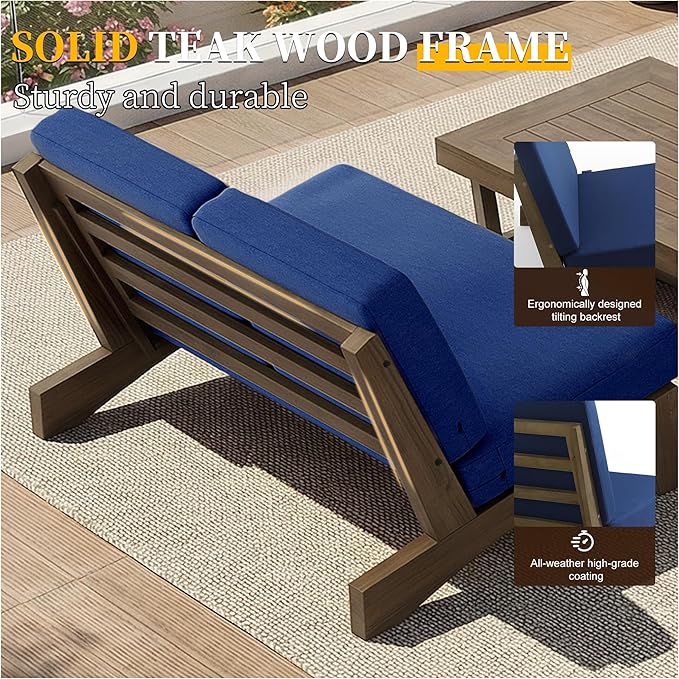 UIXE 8 Pieces All Weather Wood Patio Furniture Sets, 2 Patio Loveseat, 4 Patio Bistro Chair, Outdoor Sectional Sofa Furniture Backyard Conversation Set with Coffee Table - Navy