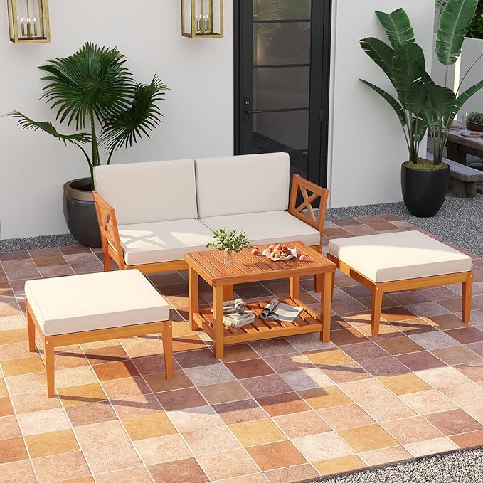 Tangkula 5 Pieces Patio Lounge Chair Set w/Ottomans, Acacia Wood Patio Conversation Set w/Cushions, Coffee Table, Modular Outdoor Lounge Sofa Set for Lawn, Backyard, Poolside