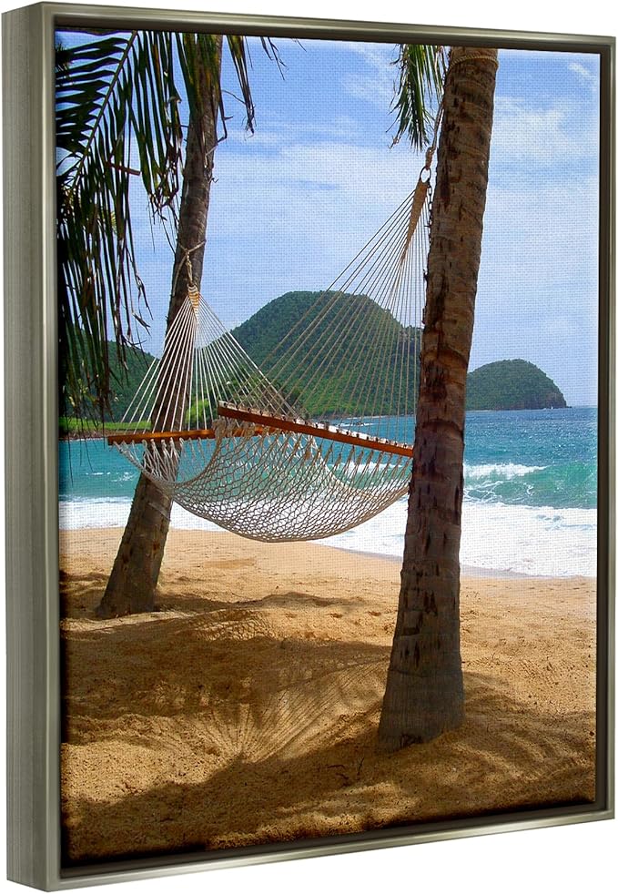 Stupell Industries Hammock on Palm Trees Gray Framed Floater Canvas Wall Art Design by Noah Bay