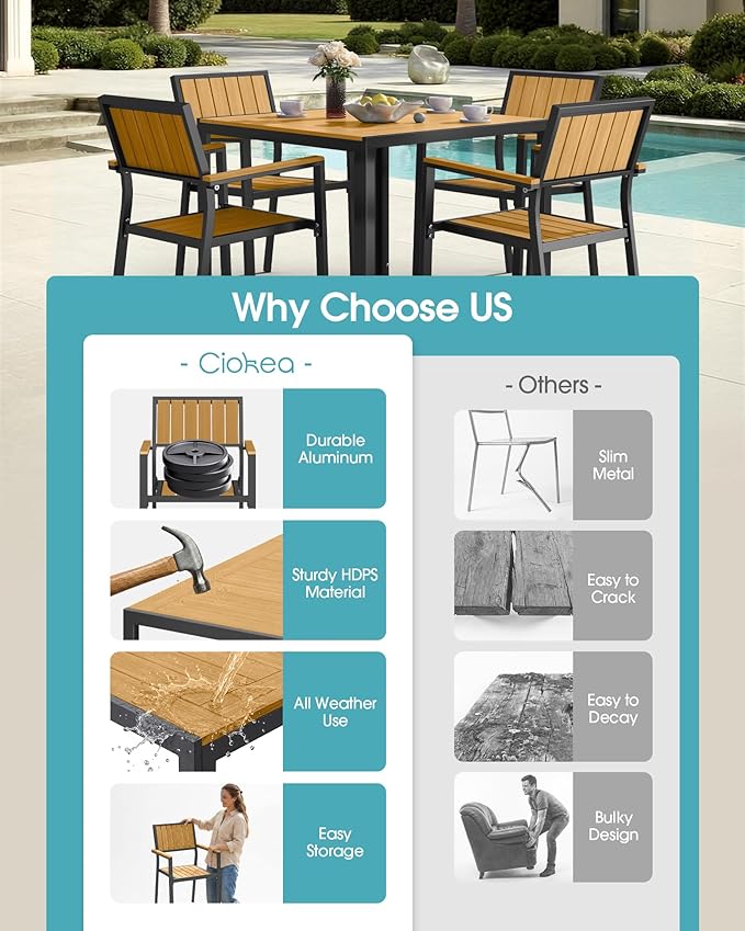 Ciokea Aluminum Patio Dining Chairs Set of 2, Outdoor Stackable Chairs with Wide Seat, All-Weather HDPS Oversized Porch Chair for Backyard, Poolside, Lawn & Garden, Deck | 2-Piece, Teak