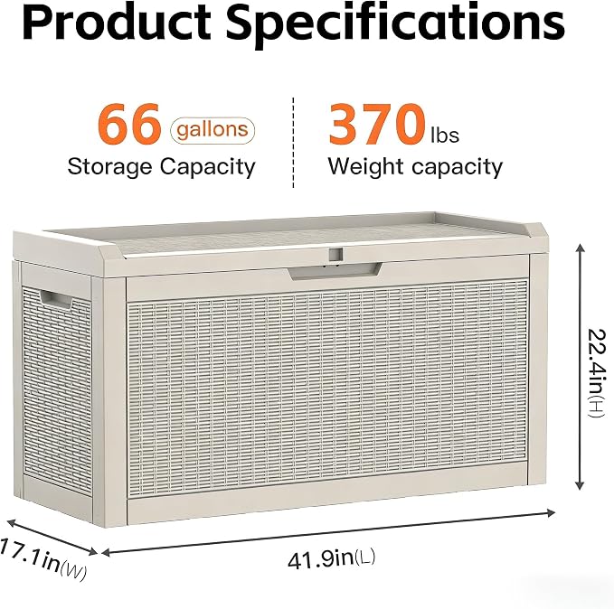 66 Gallon Outdoor Deck Box - Lockable Waterproof Storage Container, Resin Weatherproof Box for Patio Garden Furniture Pool Tools Cushions, Grey Bench