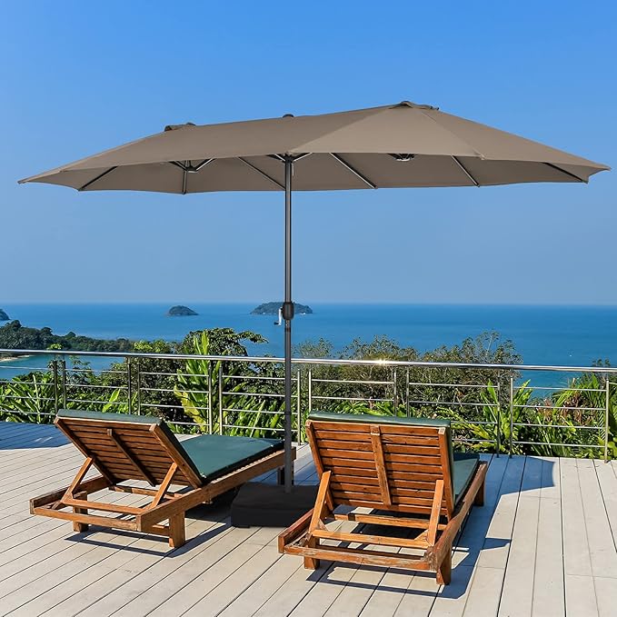 Tangkula 15FT Double-Sided Patio Umbrella, Outdoor Market Umbrella W/Hand-Crank System & Enhanced Base, Ultra-Large Twin Garden Umbrella W/ 12-Rib Structure for Residential & Commercial Use (Coffee)