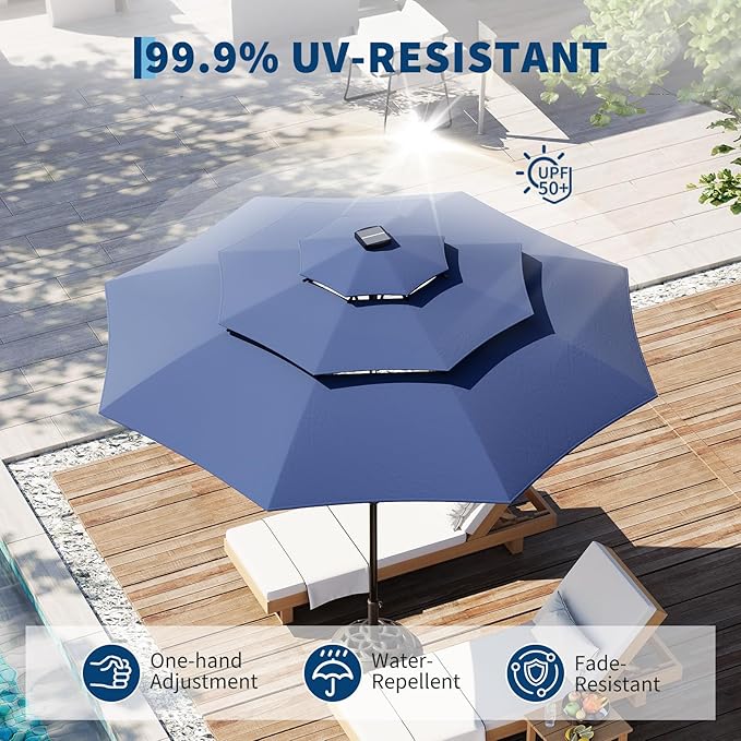 Garvee 10Ft 3-Tier Solar Patio Umbrella with LED Lights, Outdoor Table Umbrella with Vents, Easy Crank and Push Button Tilt, Market Umbrella with 8 Sturdy Ribs for Pool, Deck, Yard, Garden -Navy Blue