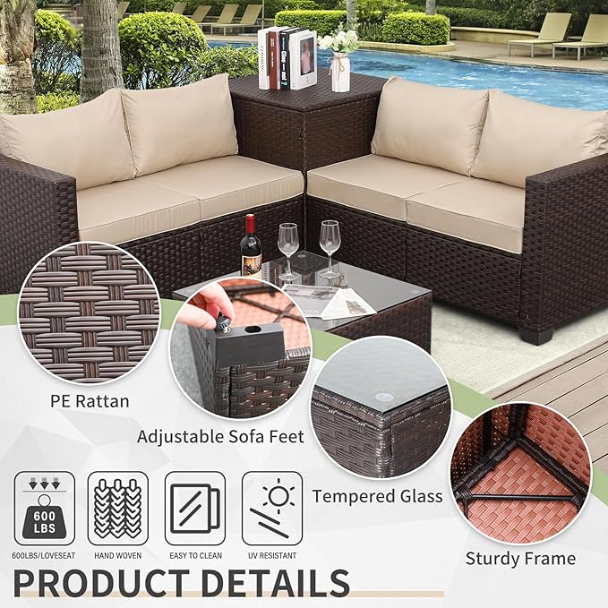 WAROOM Patio Furniture Set 4 Piece Conversation Sets Brown Rattan Outdoor Couch Loveseat Wicker Sectional Sofa with Storage Box Glass Top Table, Khaki Cushion