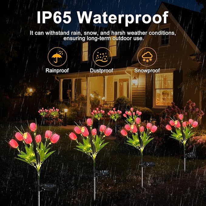 Aolyty Solar Garden Lights Outdoor, Solar Tulip Lights 2 Pack with 14 Tulip Flowers, IP65 Waterproof LED Stake Light for Pathway Patio Yard Landscape Decorative (Pink)