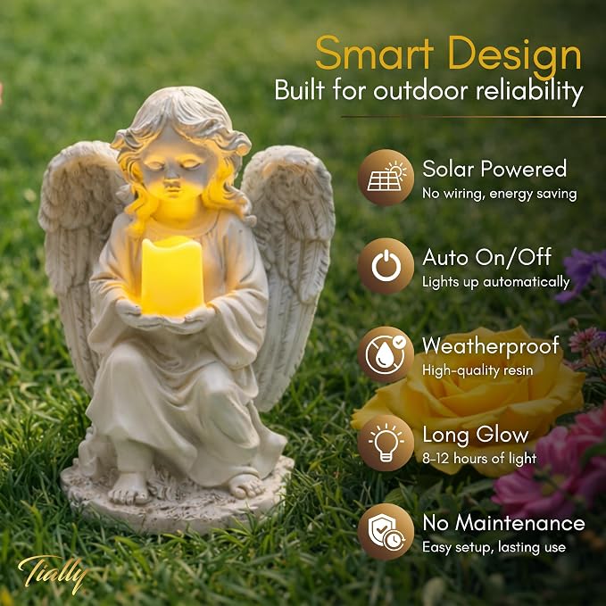 Solar Angel Garden Statue with Candle, 12" Guardian Memorial Outdoor Light | Bright all-night warm candle glow, true-to-size 12in, weatherproof resin built to last - no dim lights or dead battery