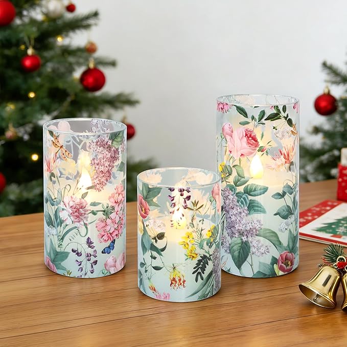 Silverstro Floral Flameless Candles with Remote Timer, Pink Rose and Lilac Pattern LED Glass Candles, Battery Operated for Home Party Wedding Christmas Spring Valentine's Day Decor, Set of 3