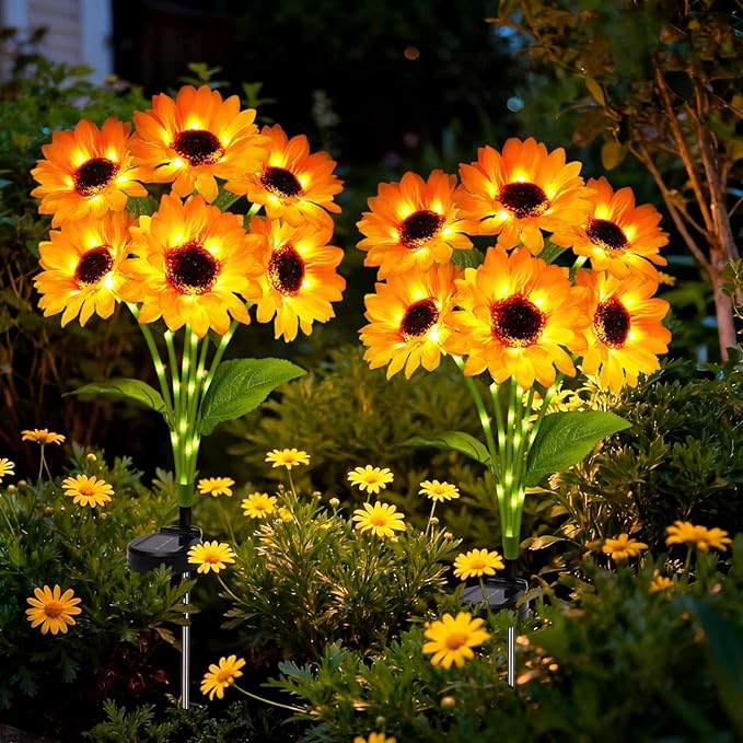 Solar Sunflower Lights Outdoor Garden Decor, 2 Pack with 12 Sunflowers,8 Lighting Modes, Birthday Gifts for Mom Women, Outdoor Decorative Stakes Light for Landscape Yard Patio Lawn