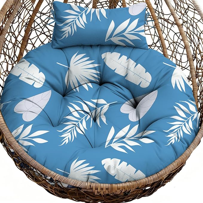Outdoor Round Egg Chair Cushion Replacement, Waterproof 45" L x 45" W Thicken Hanging Swing Egg Chair Cushions with Headrest Pillow, Soft Wicker Basket Eggs Chairs Pad for Garden Offices (Blue Leaf)