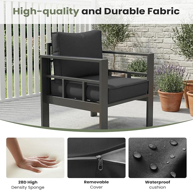 5 Piece Aluminum Patio Furniture Set with 44" Fire Pit Table & Thick Cushions, Aluminum Outdoor Sectional Conversation Set with Coffee Table for Porch, Backyard, Garden(Grey/Dark Grey-2)