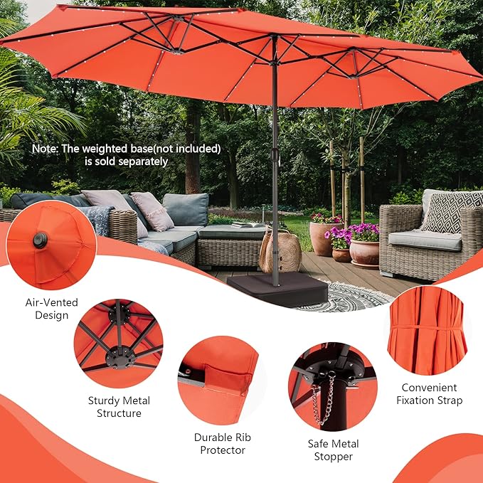 Tangkula 15 Ft Solar Patio Umbrella, Double-Sided Extra Large Outdoor Market Table Umbrella with 48 LED Lights, Crank Handle, 12 Sturdy Ribs for Poolside, Garden & Backyard (Orange)