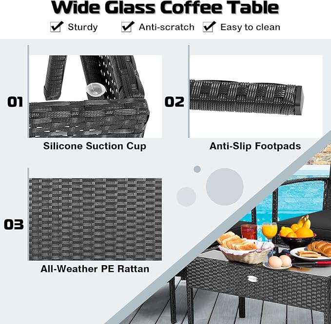 Tangkula 8 Piece Patio Rattan Conversation Set, Outdoor Wicker Furniture with Glass Coffee Table, Solid Steel Structure, Ergonomic Seat, Suitable for Garden, Courtyard, Balcony, Poolside