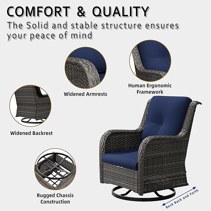 6 Pcs Patio Furniture Set with Fire Table-31'' Fire Pit Table, 1 Side Table, 4 Outdoor Rattan Wicker Conversation Chairs (2 Fixed & 2 Swivel) （Blue）