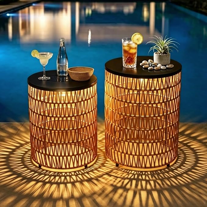 HMVPL Solar Outdoor Side Table for Patio, Round Patio Side Table for Outside, Outdoor End Table Set of 2 with Dimmable Light, Plastic Rattan Accent Table for Poolside Backyard Gazebo, Dusk to Dawn