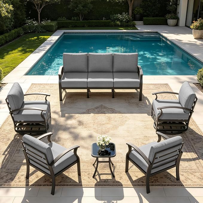 Kurapika Aluminum Patio Furniture Set 7-Seat Modern Metal Outdoor Conversation Sets w/Swivel Rocking Chairs Patio Sectional Sofa w/5.1 Inch Cushion, Grey