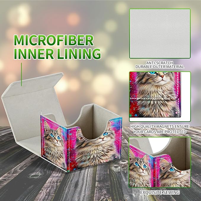 Card Deck Box for MTG, Cards Storage Box Fits 120+ Sleeved, Leather Small Size Strong Magnetic Closing Card Case for Board Games Magic TCG CCG Baseball Collection, Cute Blue Eyed Cat