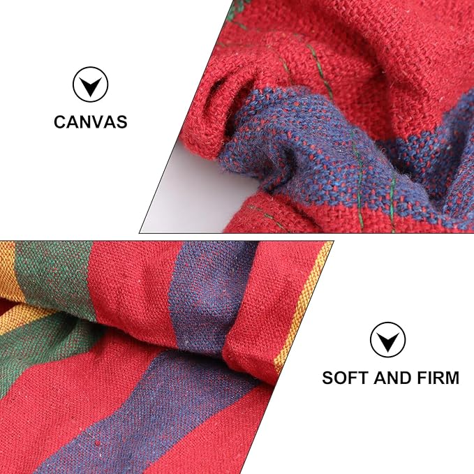 Striped Canvas Single-Person Hammock with Anti-tip Design, Widened Multicolor Travel Swing for Outdoor Camping, Backyard, and Leisure Use, Red Cotton Fabric
